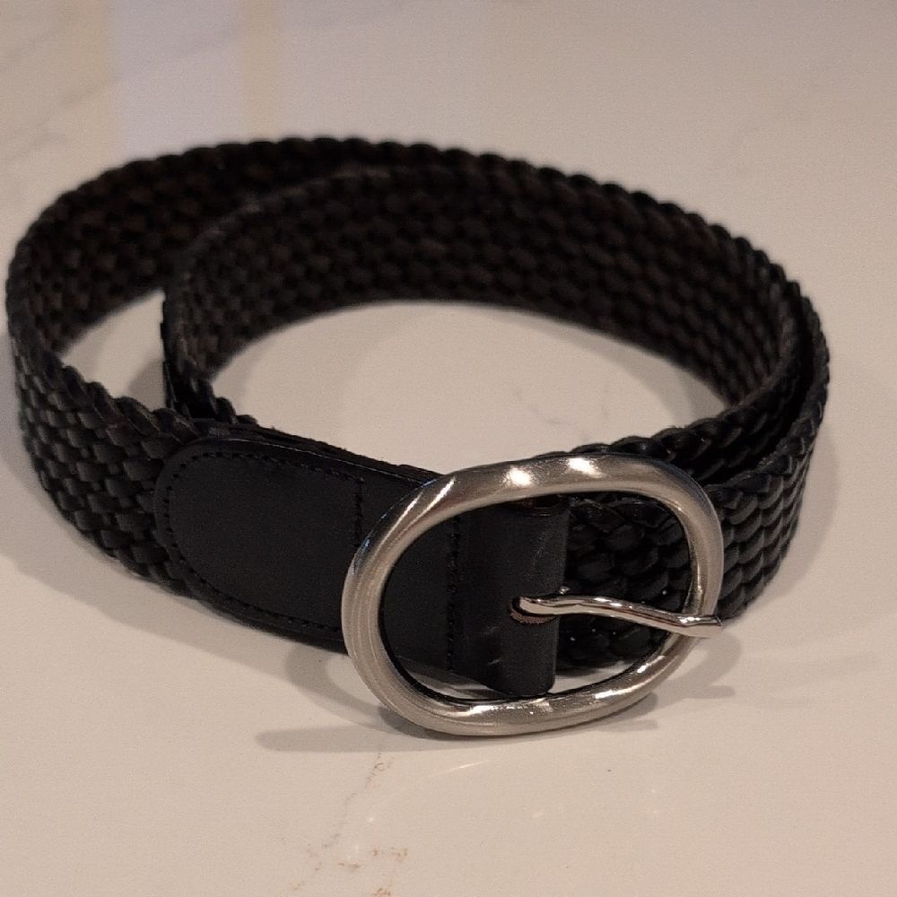 Talbots Black Woven Leather Belt Silver Oval Buckle Size M